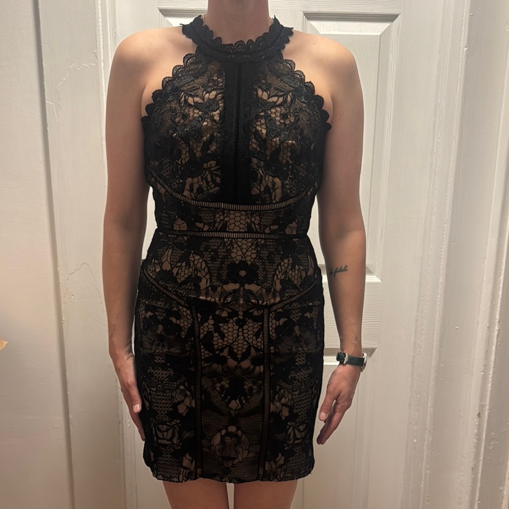 Black and Tan Halter Mini Cocktail Dress